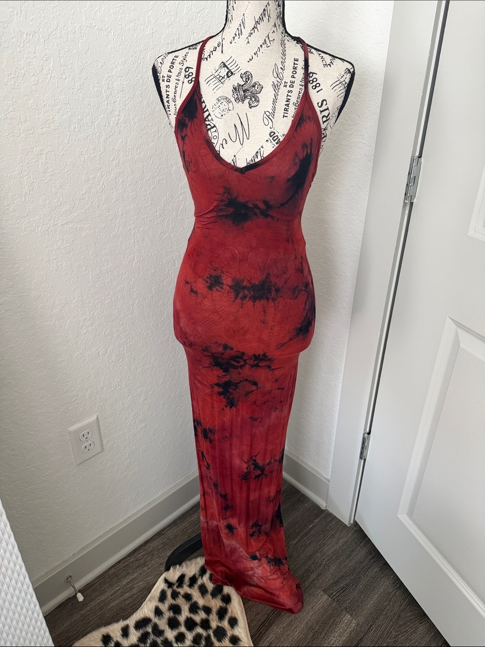 Fashion Nova Red and Black Tie-Dye Maxi Dress